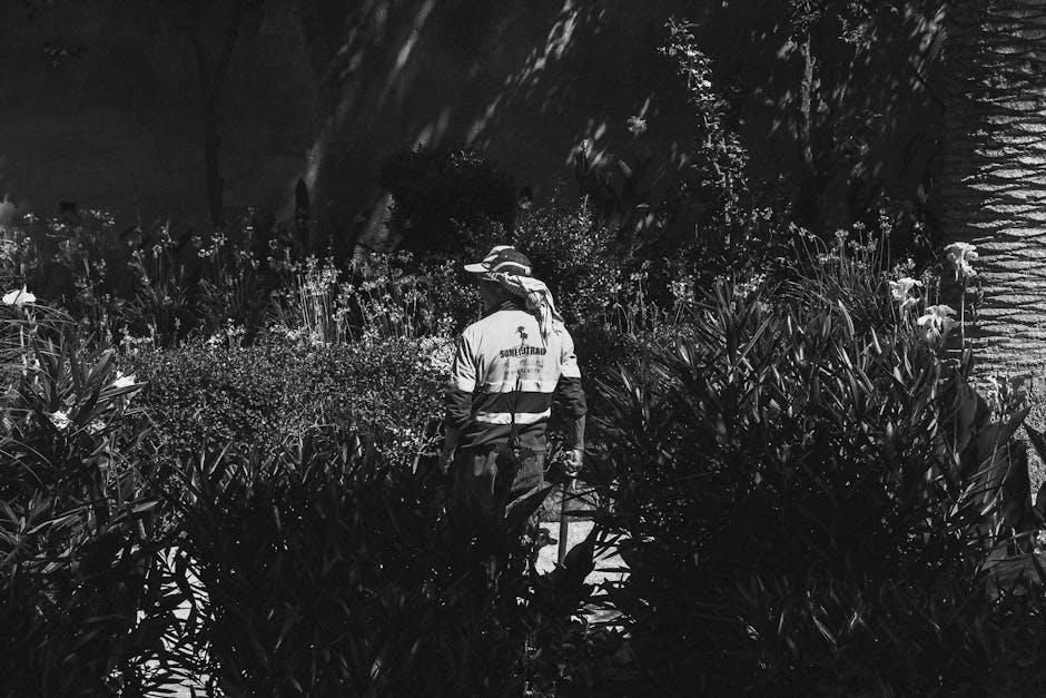 A gardener wearing a high-visibility jacket and a wide-brimmed hat is working in a garden during nighttime hours. They are surrounded by dense shrubbery and flowering plants with long, narrow leaves, 